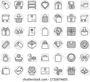 Editable thin line isolated vector icon set - gift, bow, shopping bag, box, label, sale, delivery, diamond, necklace, health care vector, package, hi quality, parachute, heart pendant, rack, cart