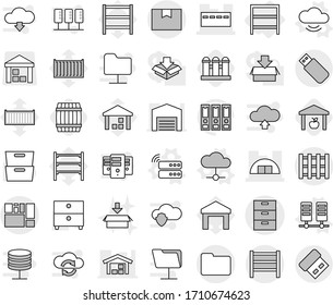 Editable thin line isolated vector icon set - archive vector, bunker, hangare, package box, consolidated cargo, documents, rack, pallet, server, cloud, service, warehouse, barrel, grain elevator