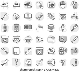 Editable thin line isolated vector icon set - mobile pay, location, air conditioning, intercome, remote control vector, web camera, robot hand, kitchen scales, handle, blender, iron, telescope
