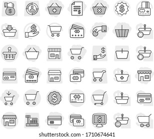 Editable thin line isolated vector icon set - cart, add to, basket, hand coin, credit card, account balance, delete, shop, vector, investment, dollar medal, monitor, target audience, money gift