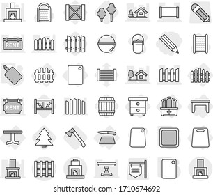 Editable thin line isolated vector icon set - pencil, fence, pallet, table, nightstand, dresser, cutting board, trees, axe, barrel, farm, spruce, washboard vector, camping cauldron, wood box, chalet