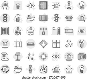 Editable thin line isolated vector icon set - lighthouse, window, traffic light, alarm, taxi, sun, disco ball, camera, bulb, floor lamp, vector, led, laser, siren, shining, clean, table, flammable
