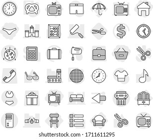 Editable thin line isolated vector icon set - remove from basket, home, underpants, tv, castle, mansion, drawbridge, repair, disco ball, antique column, dresser, chair, armchair, sieve, pretzel
