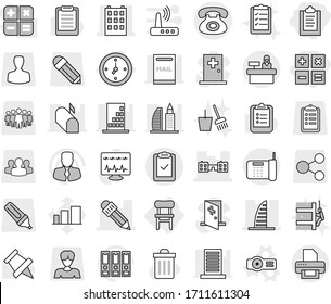 Editable thin line isolated vector icon set - clipboard, calculator, building, skyscraper, school, pencil, phone, check, reception, watch, chair, projector vector, trash bin, bucket and broom, list