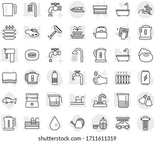 Editable thin line isolated vector icon set - fountain, port, flippers, surfer, yacht, water tap, plate washing, kettle, measuring cup, fish, watering can, soap vector, scraper, drop, bath, shower