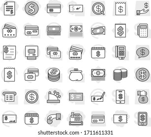 Editable thin line isolated vector icon set - hand coin, dollar, credit card, account balance, receipt, cashbox, atm, vector, cash, stack, check, calendar, money, investment, gift, arrow, message