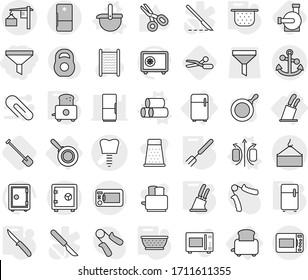 Editable thin line isolated vector icon set - funnel, tooth implant vector, loading, crane, anchor, safe, fridge, toaster, stands for knives, pan, magnetic field, ladle, pipes, colander, big fork