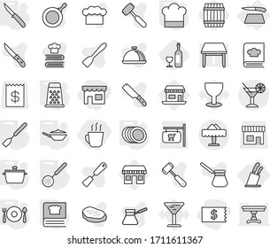 Editable thin line isolated vector icon set - receipt, shop, hot drink, cocktail, restaurant, cutting board, stands for knives, pan, cook hat, skimmer, spatula, knife, cooking book, plates, grater