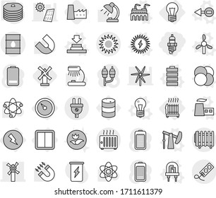 Editable thin line isolated vector icon set - spark plug, windmill, barrel, sun, bulb, barometer, electricity, power switch, radiator, atom core vector, electron, led, factory, press, oil pump, rca