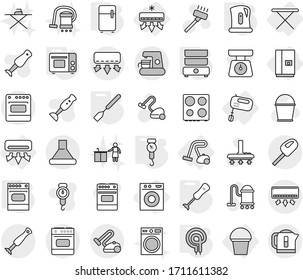 Editable thin line isolated vector icon set - air conditioning, iron board, washing machine, fridge, bucket, mixer, vacuum cleaner, kettle, handle scales, spatula, grill oven, elecric, double boiler