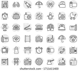 Editable thin line isolated vector icon set - bow, purse, phone, tv, baby stroller, rocket, disco ball, dresser, stool, chair, kettle, walnut crack, windmill, washboard vector, apron, hand mill