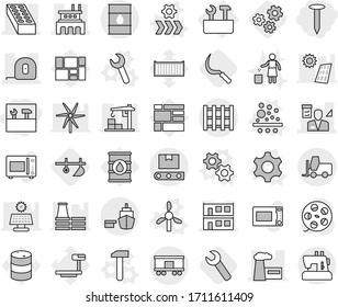 Editable thin line isolated vector icon set - tools, nail, modular house, brick, factory, measuring tape, architector, port, barrel, fork loader, railroad shipping, transporter, pallet, repair, plow
