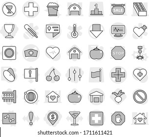 Editable thin line isolated vector icon set - dollar pin, equalizer, wineglass, medical cross vector, monitor pulse, hat, brick, barn, location details, warehouse, ring button, laser, orbit, tomato