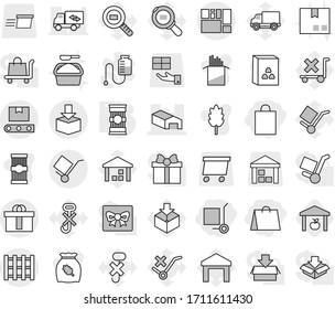 Editable thin line isolated vector icon set - shopping bag, cargo stoller, warehouse, consolidated, trolley, package, hi quality, transporter tape, pallet, pasta, washing powder, cereal vector, no