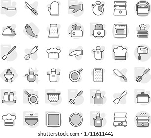 Editable thin line isolated vector icon set - bbq, pan, cauldron, colander, cook hat, apron, glove, cutting board, whisk, spatula, toaster, salt pepper, hot, vector, timer, knife, grater, cookbook
