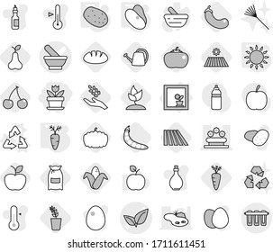 Editable thin line isolated vector icon set - flower, mortar vector, leafs, bed, in window, recycle, gas oven, potato, beans, carrot, field, cherry, flour, harvest, corn, seedling, eggplant, apple