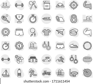 Editable thin line isolated vector icon set - t shirt, dome house, stadium, stopwatch, car baggage, deltaplane, motorcycle, diving mask, surfer, tennis, jet ski, yacht, inflatable pool, target, hoop