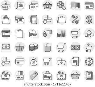 Editable thin line isolated vector icon set - add to cart, basket, hand coin, money, credit card, account balance, remove from, delete, shopping list, market, bag, sale, percent, vector, stack, buy