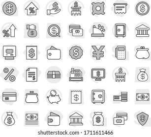 Editable thin line isolated vector icon set - credit card, account balance, wallet, percent, cashbox, atm receipt, money, safe, school building vector, bank, dollar coin, growth, bag, piggy, medal