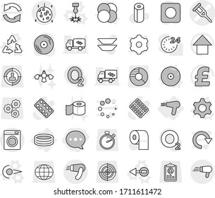 Editable thin line isolated vector icon set - balloon, crutch vector, disco ball, inflatable pool, hair dryer, gear, atom core, photon, electron, laser, recycle, cd, toilet paper, plates, arrow up