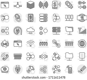 Editable thin line isolated vector icon set - mobile pay, bridge, wireless, share vector, connect, charge particle, phone, cloud service, orbit, web camera, browser window, antenna signal, molecule