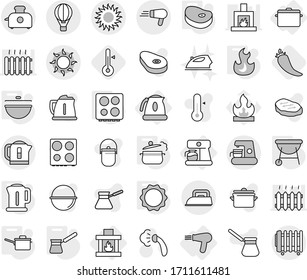 Editable thin line isolated vector icon set - air ballon, sun, coffee maker, kettle, hair dryer, pan, fireplace, cauldron, saute, steam, turk, induction oven, fire, hob, bbq, steake, hot pepper