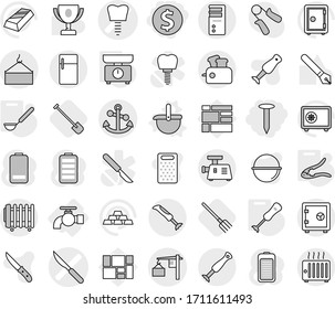 Editable thin line isolated vector icon set - dollar coin, nail, tooth implant vector, scalpel, loading, crane, anchor, safe, water tap, ladle, kitchen scales, walnut crack, blender, shovel, fork