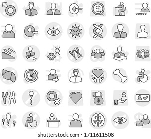Editable thin line isolated vector icon set - disability vector, eye, male sign, female, dna, chromosomes, sperm, brain, liver, virus, health care, client, check in, edit, student, manager, bone