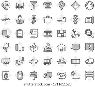 Editable thin line isolated vector icon set - cargo stoller, signpost vector, navigator, earth, map pin, Railway carriage, office, satellite, traffic light, phone, 24, client, traking, ship, car