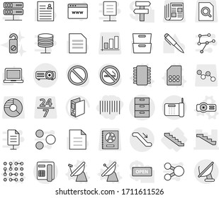 Editable thin line isolated vector icon set - bar code, archive vector, stairs, escalator, chip, satellite antenna, sim card, projector, circuit, do not distrub, pen, notebook pc, document, binder