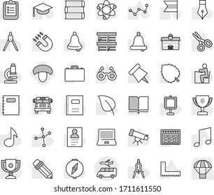 Editable thin line isolated vector icon set - transfer, mushroom, book vector, copybook, graduate hat, pen, university, pencil, corner ruler, drawing compass, glasses, student, case, atom, telescope