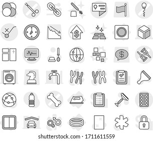 Editable thin line isolated vector icon set - crutch vector, pills blister, bone, monitor pulse, sperm, surgical clamp, 3d, location details, do not trolley sign, watch, power switch, iron, blocks