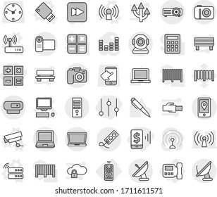 Editable thin line isolated vector icon set - mobile pay, equalizer, calculator, location, camera, remote control, intercome, antenna vector, server, computer, surveillance, usb flash, router, pen