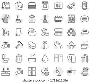Editable thin line isolated vector icon set - cleanser, broom, soap vector, scraper, cleaner trolley, vacuum, fetlock, scoop, sponge, towel, trash bin, water drop, tap, window cleaning, welcome mat