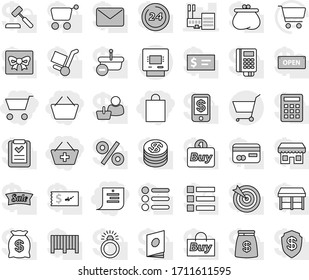 Editable thin line isolated vector icon set - cart, basket, add to, shopping list, bag, mall, atm, vector, gift, credit card, dollar coin, wallet, money, sale, open, 24 hour, percent, market, store