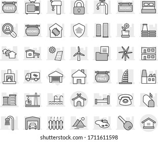 Editable thin line isolated vector icon set - home, skyscrapers, skyscraper, houses, modular house, district, bungalow, garage, cottage vector, pond, pool, solar panel, windmill, water supply, rooms