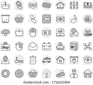 Editable thin line isolated vector icon set - add to basket, delete cart, ticket, presentation, antenna vector, link, trash bin, cook timer, backpack, music, laptop graph, manager, pills, pool, mail