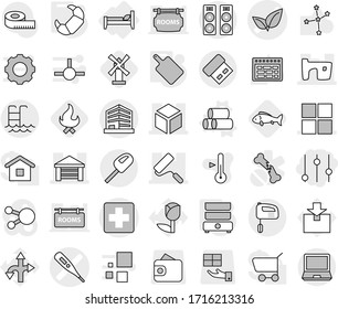 Editable thin line isolated vector icon set - equalizer, medical cross vector, thermometer, leafs, slum, garage, window, 3d, repair, office, pool, bed, pipes, cutting board, double boiler, croissant