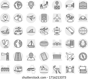 Editable Thin Line Isolated Vector Icon Set - Journey, Hospital Bed Vector, Greate Wall, Bridge, Drawbridge, Lighthouse, Minaret, Dome House, Road, Geo Pin, Map, Plane, Mobile Location, Sea Shipping