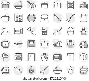 Editable thin line isolated vector icon set - bath, kettle, pan, chief hat, apron, skimmer, big fork, knife, hob, cooking book, food processor, ketchup, mortar, sink vector, water tap, dish cleanser