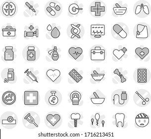 Editable thin line isolated vector icon set - doctor bag vector, medical cross, heart, dna, crutch, pill, pills bottle, blister, head reflector, broken hand, dropper, lungs, brain, surgical clamp