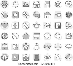 Editable thin line isolated vector icon set - bone, info, heart vector, medical harness, health care, home, unlock, first aid, flower in window, 3d, horseshoe, tomato, splotch, toilet paper, flag