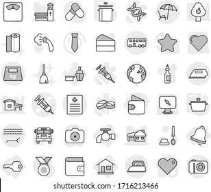 Editable thin line isolated vector icon set - wallet, syringe vector, recipe, church, house with garage, heavy, bus, lounger, home, water tap, key, bell, pan, steaming, toilet brush, broom, cake