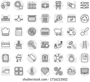 Editable thin line isolated vector icon set - hand coin, percent, calculator, female sign vector, anamnesis, virus, calendar, bunker, houses, block wall, cargo search, baggage checking, suitcase
