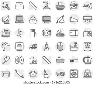 Editable thin line isolated vector icon set - cashbox, loudspeaker, ruler, customs control, atm, cafe, table, broom, satellite antenna, coil vector, conveyor, rolling pin, thermometer, pruner, radio