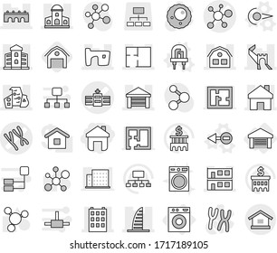 Editable thin line isolated vector icon set - home, chromosomes vector, hospital, virus, greate wall, bridge, mansion, building, skyscraper, slum, garage, modern architecture, modular house, plan