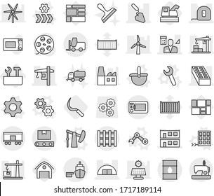 Editable Thin Line Isolated Vector Icon Set - Hangare, Modular House, Brick, Measuring Tape, Construction, Tower Crane, Architector, Port, Barrel, Fork Loader, Railroad Shipping, Transporter, Pallet