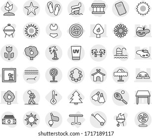 Editable thin line isolated vector icon set - market, dome house, perishable, tourist, suitcase, bungalow, lounger, sun, uv cream, palm, hawaiian wreath, aquapark, restaurant, starfish, flippers