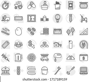 Editable thin line isolated vector icon set - stopwatch, hospital recieption vector, library, pyramid, fork loader, air ballon, cooler fan, solar panel, kettle, towel, whisk, pasta, coffee seeds