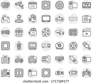 Editable thin line isolated vector icon set - surveillance, intercome, camera, tv, web vector, vr helmet, projector, cd, cinema clap, film spool, gamepad, video, remote control, play button, pause